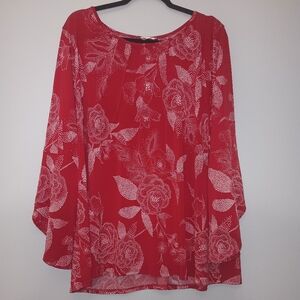 Amana Elegant Red Floral Blouse Bell Sleeve 3X